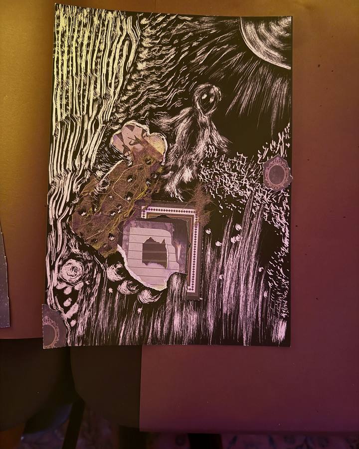 A finished collage page of scratch-art and torn vintage paper